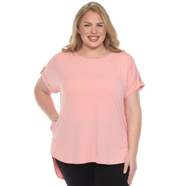 Plus size Pink short sleeve top in soft knit, featuring button-tab detail, ideal for casual everyday wear.