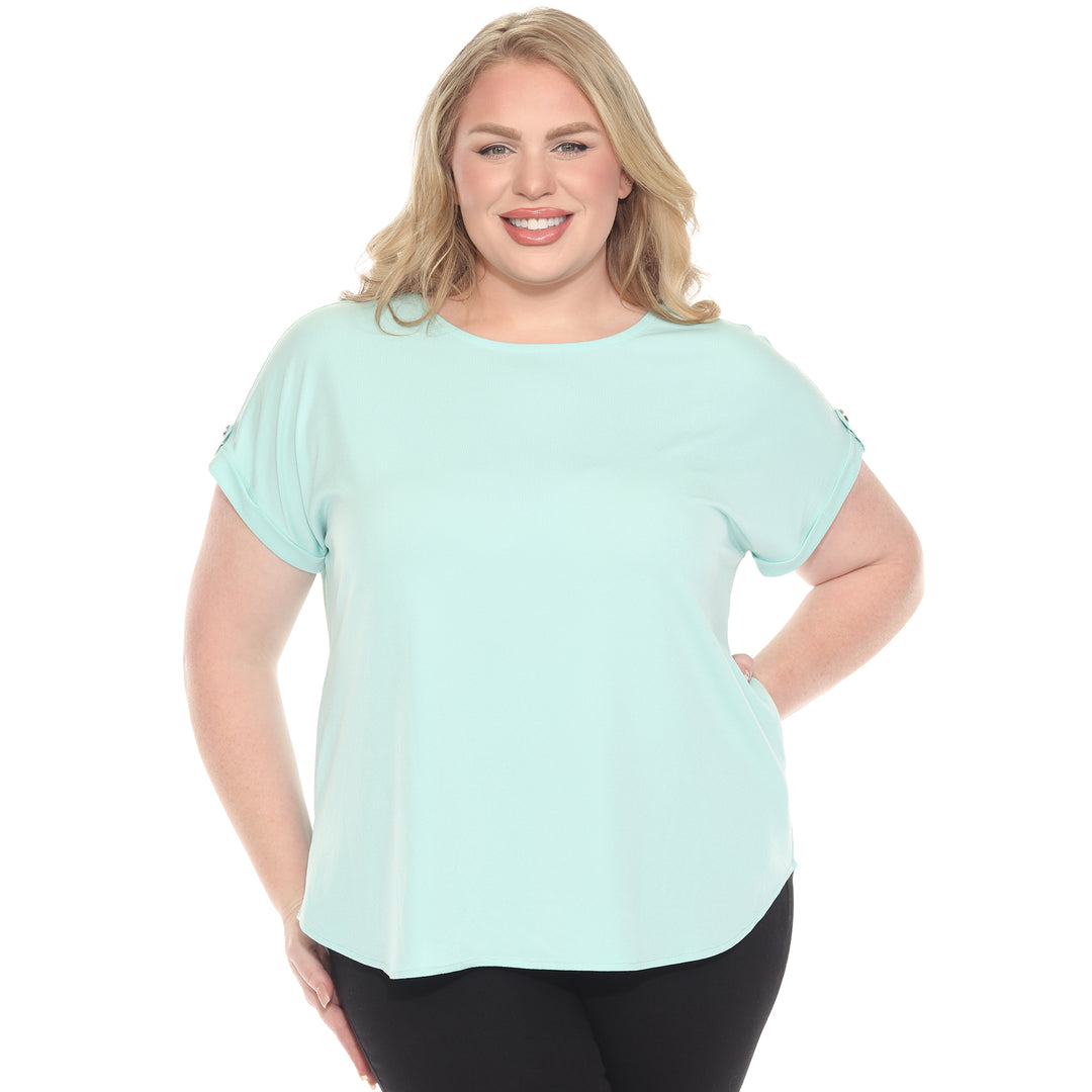 Plus size light aqua short sleeve top in soft knit, featuring button-tab detail, ideal for casual everyday wear.