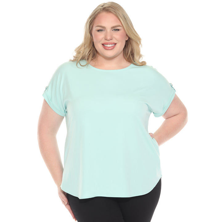 Plus size light aqua short sleeve top in soft knit, featuring button-tab detail, ideal for casual everyday wear.