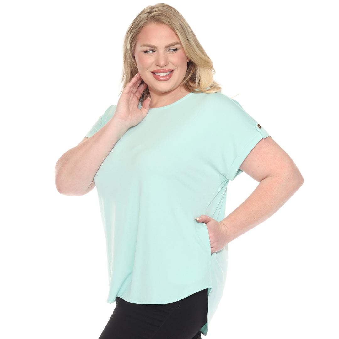 Plus size Light Aqua short sleeve top in soft knit, featuring button-tab detail, ideal for casual everyday wear.