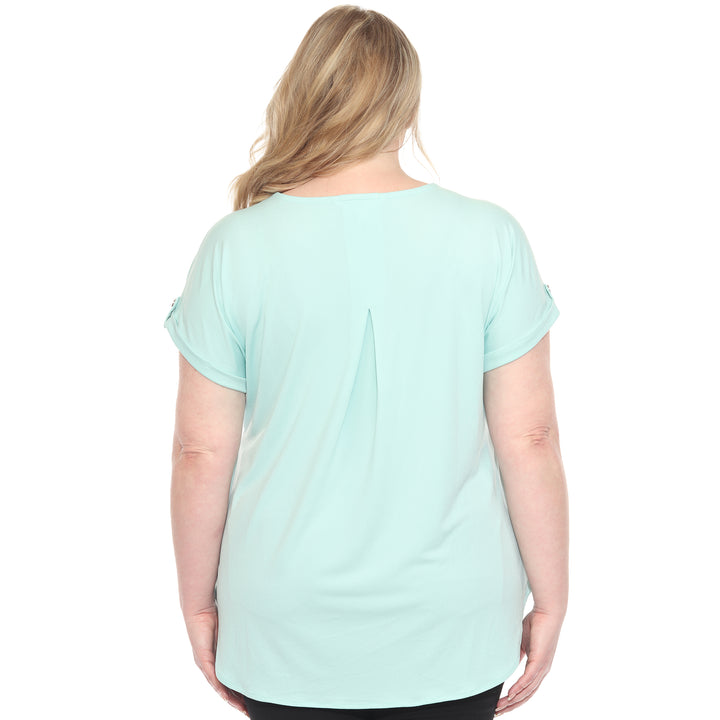 Plus size Light Aqua short sleeve top in soft knit, featuring button-tab detail, ideal for casual everyday wear.