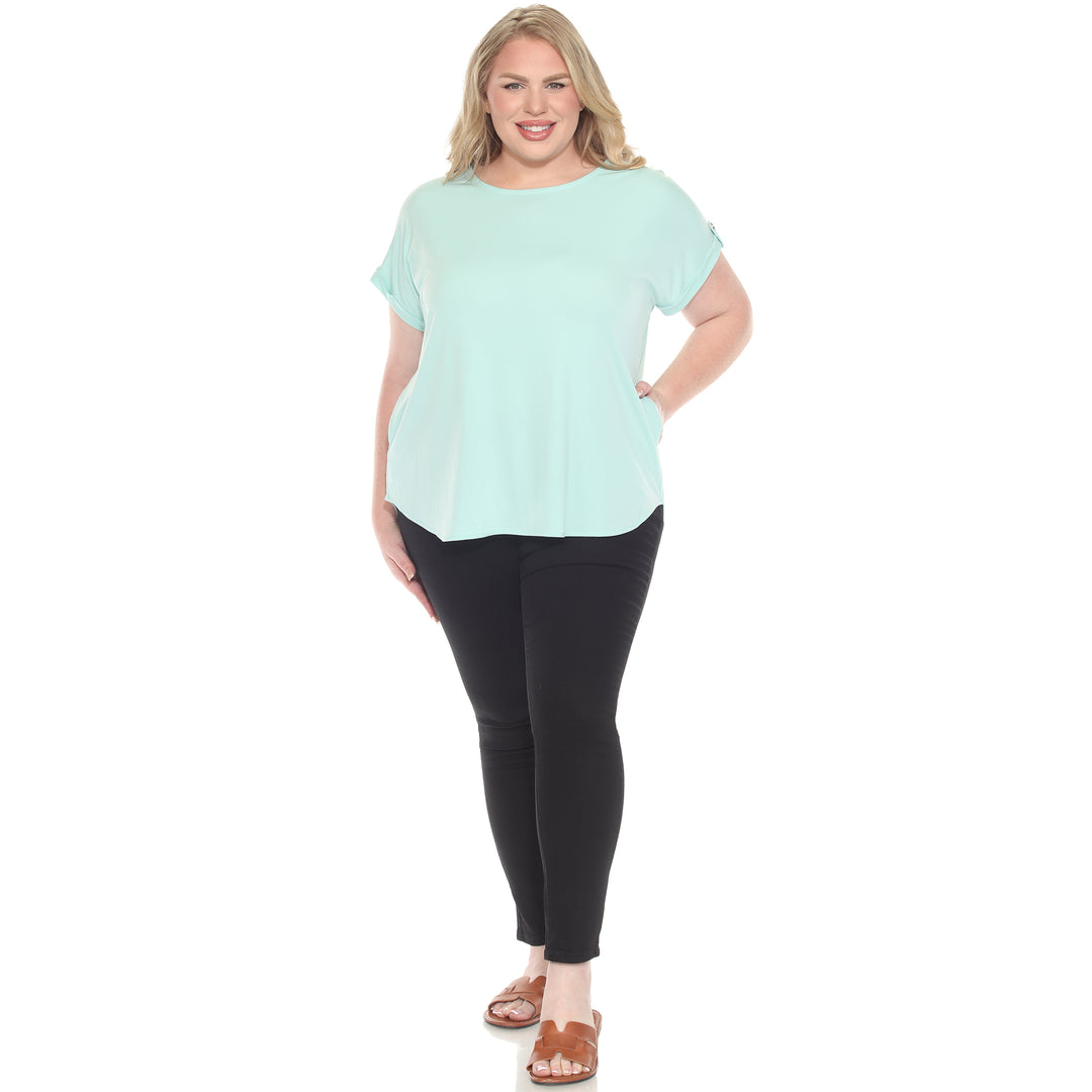 Plus size Light Aqua short sleeve top in soft knit, featuring button-tab detail, ideal for casual everyday wear.