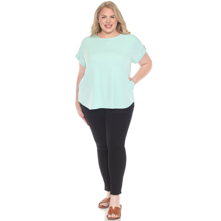 Plus size Light Aqua short sleeve top in soft knit, featuring button-tab detail, ideal for casual everyday wear.