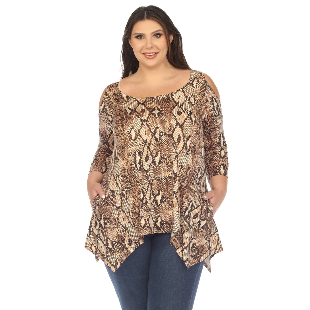 Women's Plus Size Snake Print Cold Shoulder Tunic