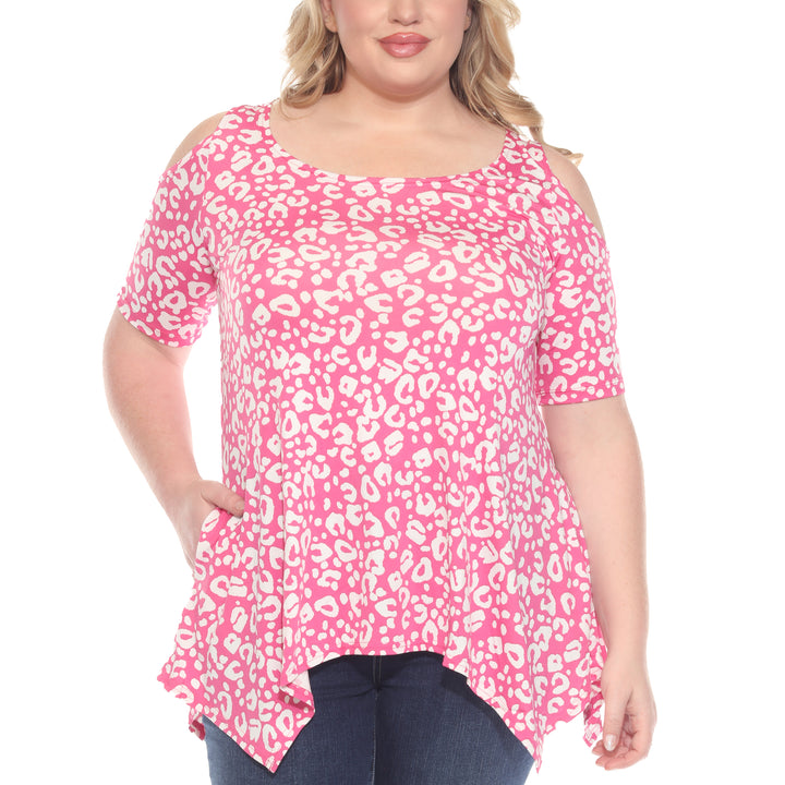 Plus Size Cold Shoulder Leopard Print Short Sleeve Tunic Top