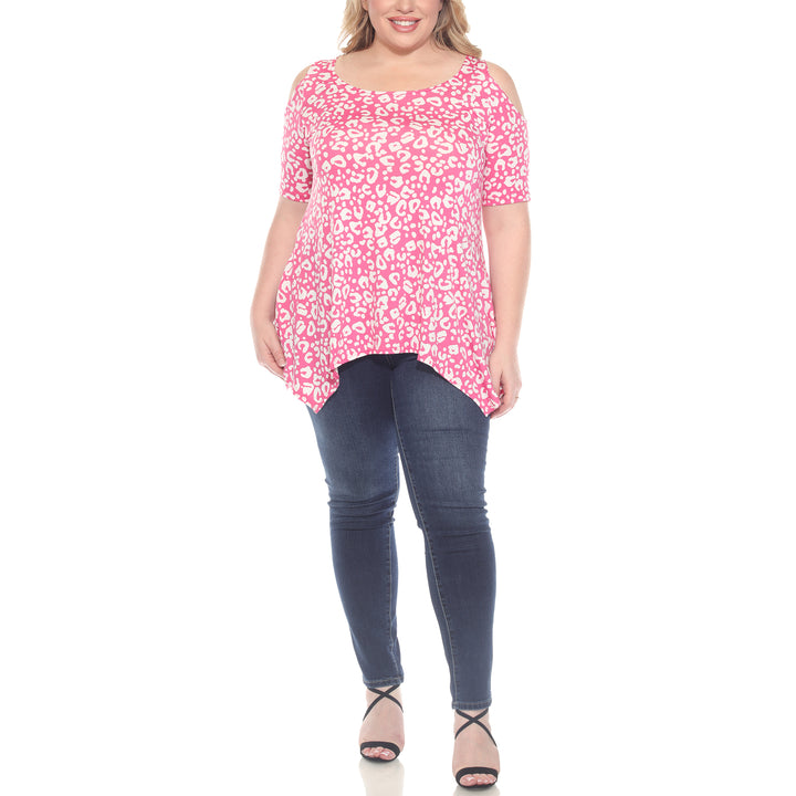 Plus Size Cold Shoulder Leopard Print Short Sleeve Tunic Top