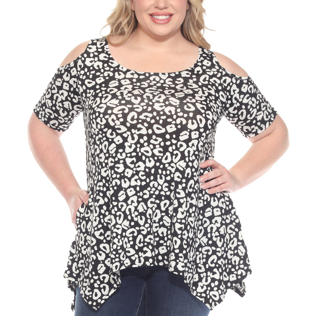 Plus Size Cold Shoulder Leopard Print Short Sleeve Tunic Top