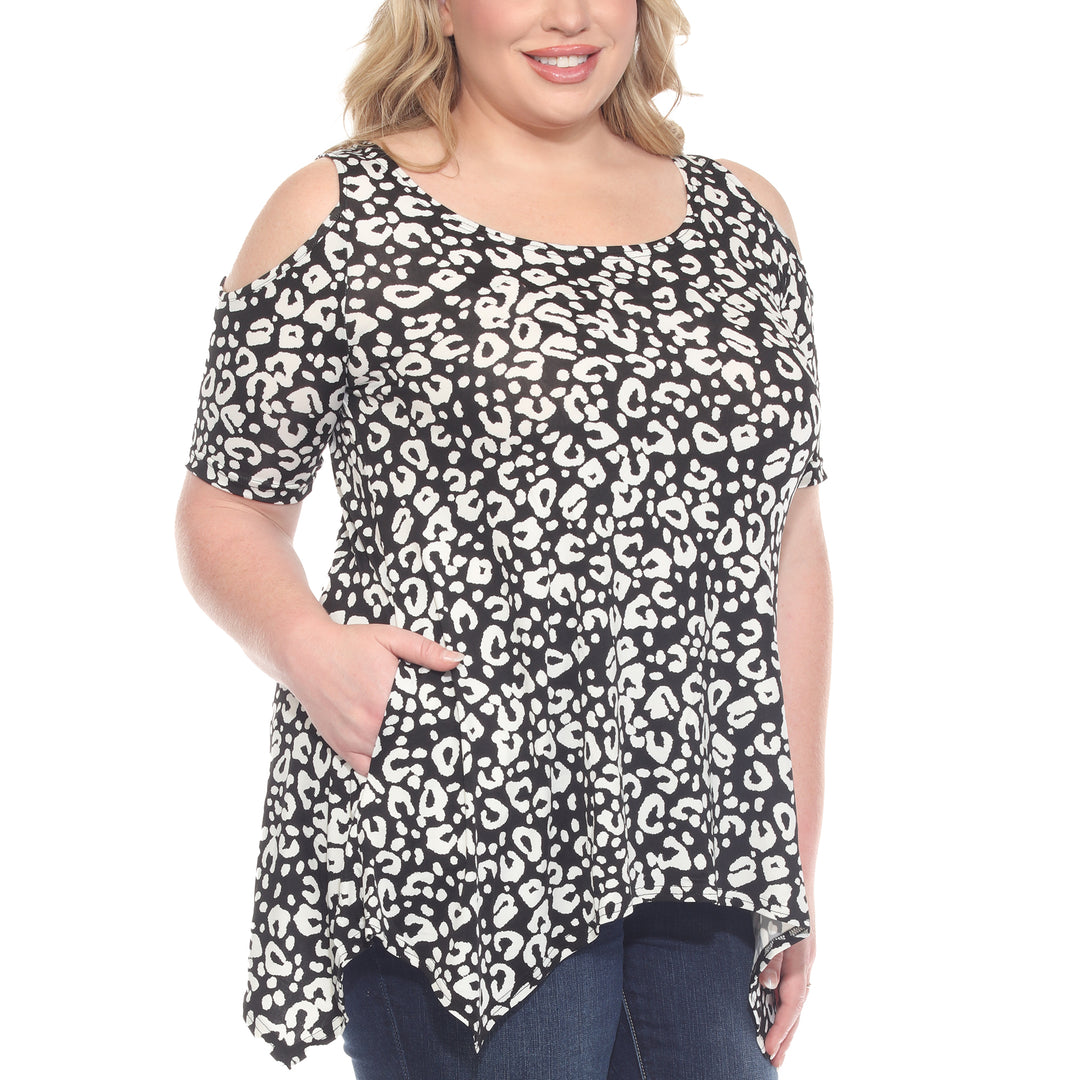 Plus Size Cold Shoulder Leopard Print Short Sleeve Tunic Top