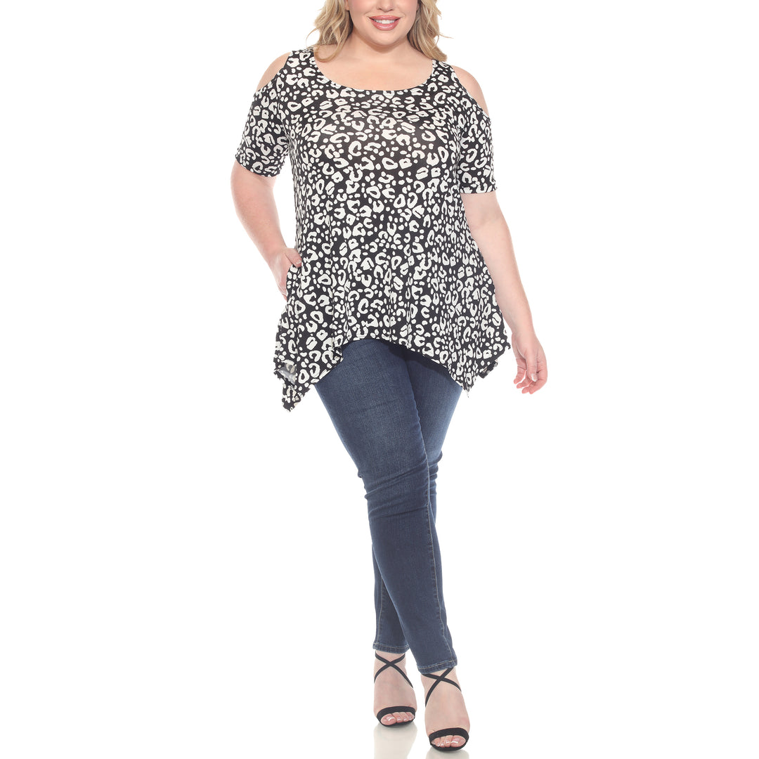 Plus Size Cold Shoulder Leopard Print Short Sleeve Tunic Top