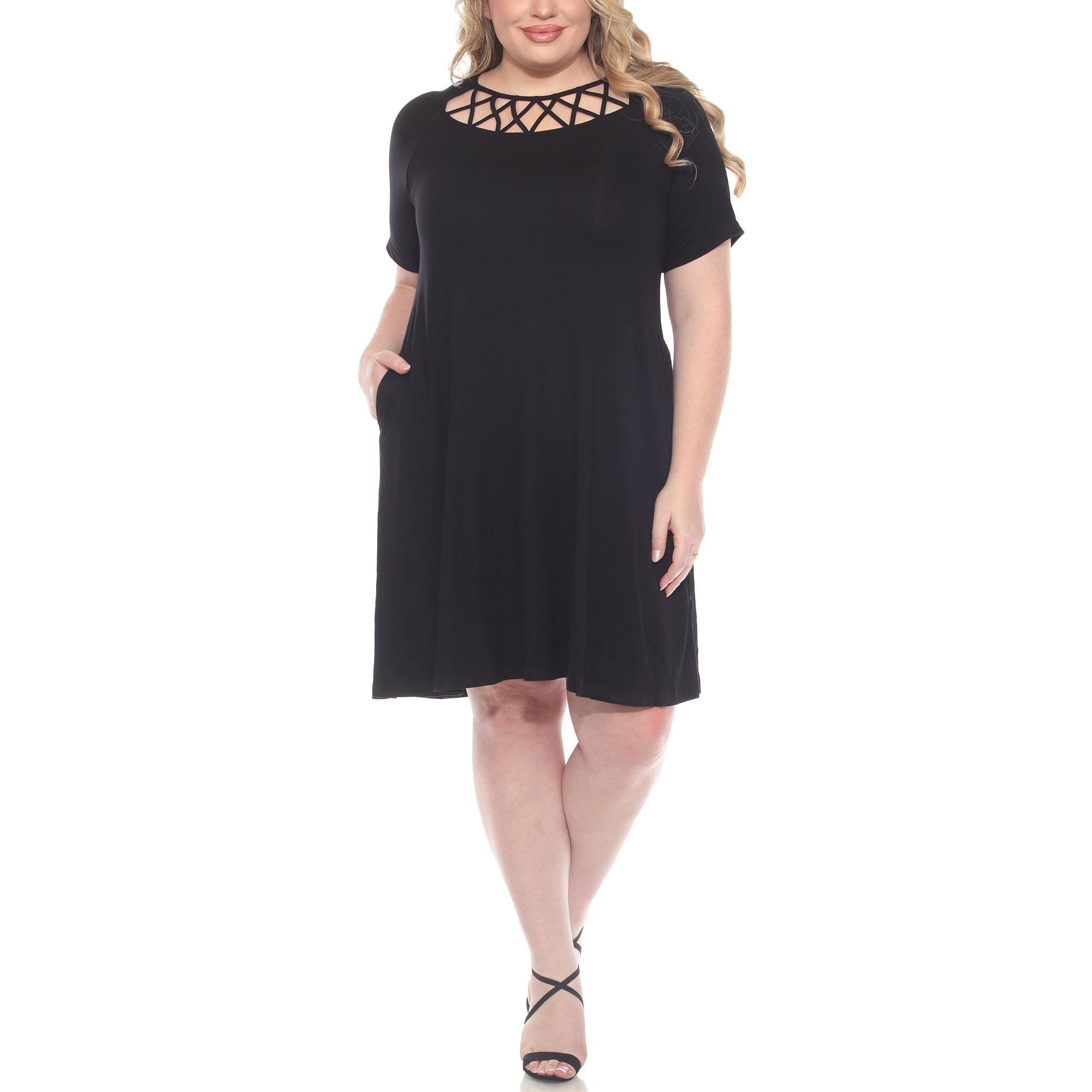 Plus Size Short Sleeve Criss-Cross Neck A-Line Dress – White Mark