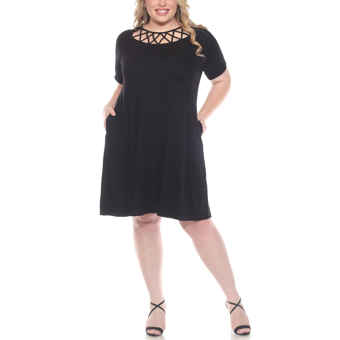 Plus Size Short Sleeve Criss-Cross Neck A-Line Dress