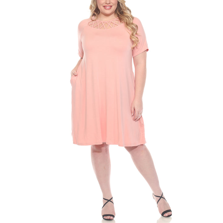 Plus Size Short Sleeve Criss-Cross Neck A-Line Dress