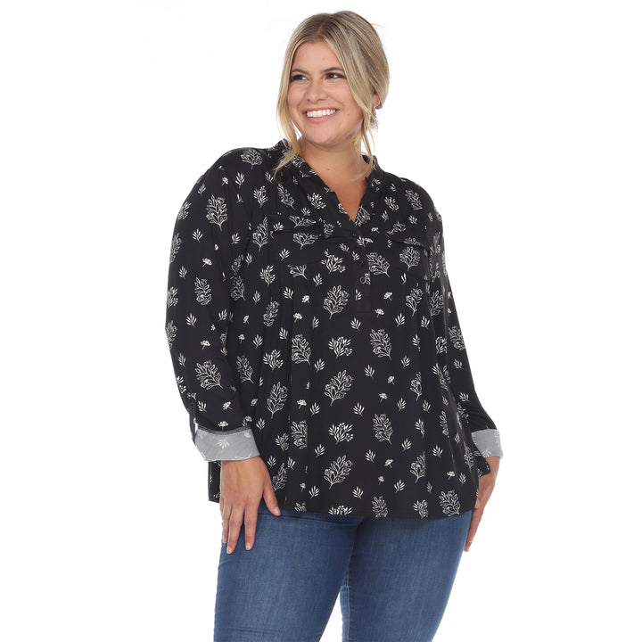 Women's Plus Size Pleated Long Sleeve Leaf Print Blouse