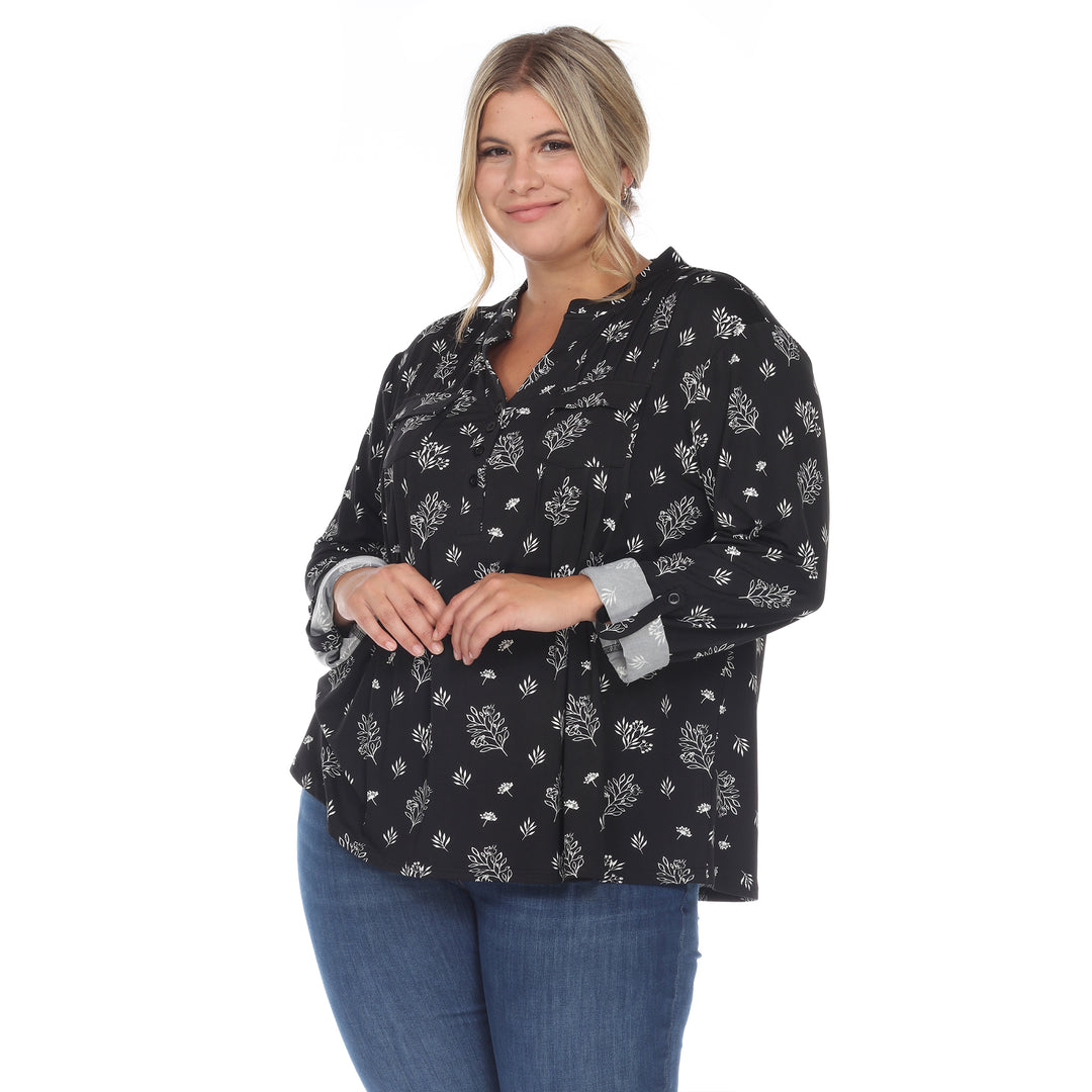 Women's Plus Size Pleated Long Sleeve Leaf Print Blouse