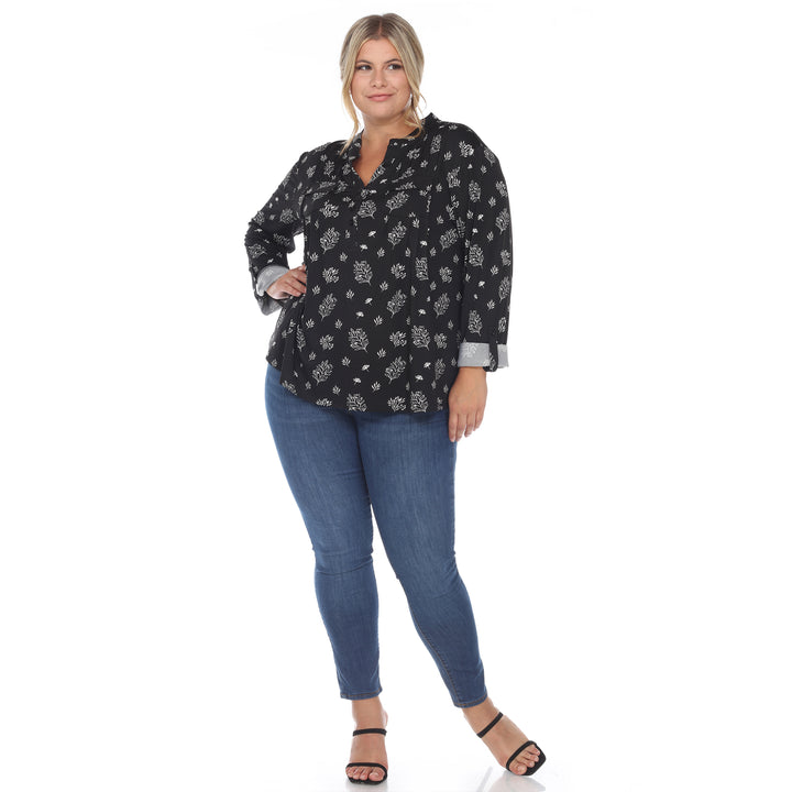 Women's Plus Size Pleated Long Sleeve Leaf Print Blouse