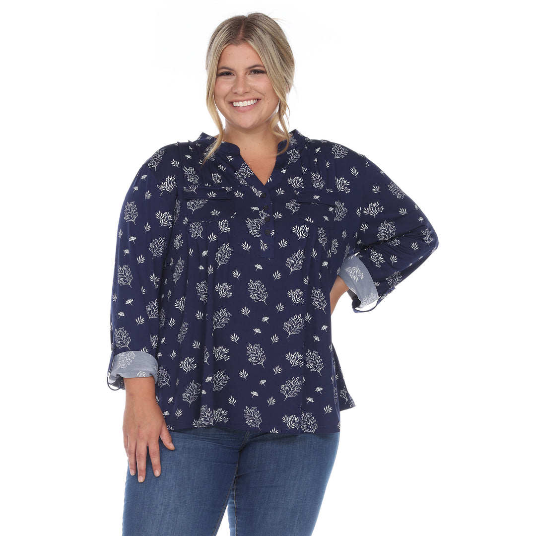 Women's Plus Size Pleated Long Sleeve Leaf Print Blouse