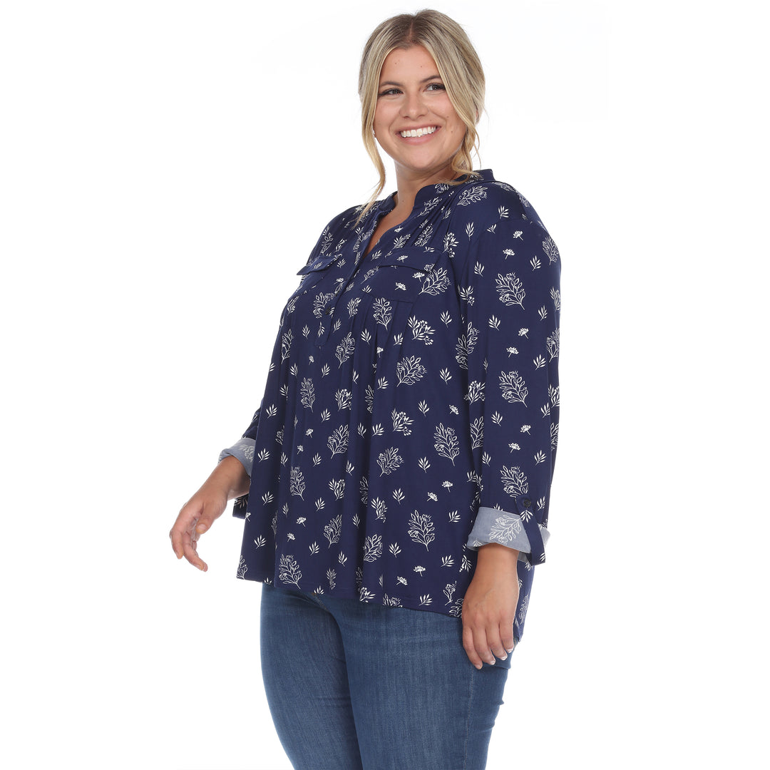 Women's Plus Size Pleated Long Sleeve Leaf Print Blouse