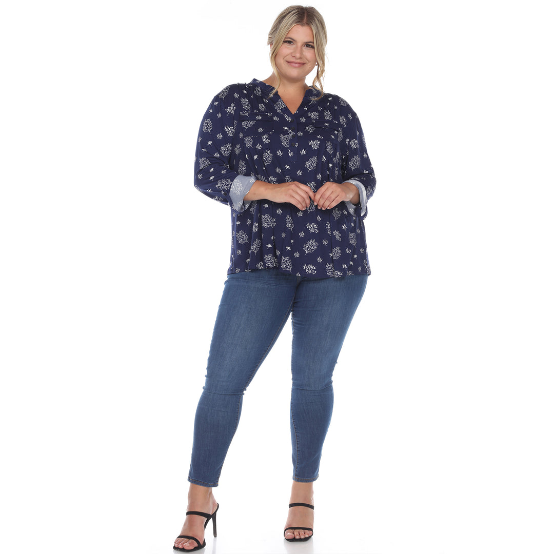 Women's Plus Size Pleated Long Sleeve Leaf Print Blouse