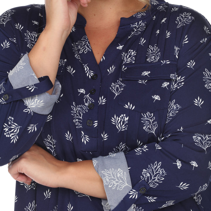 Women's Plus Size Pleated Long Sleeve Leaf Print Blouse