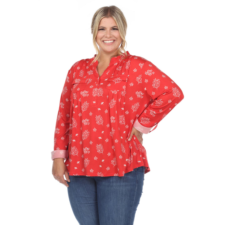 Women's Plus Size Pleated Long Sleeve Leaf Print Blouse