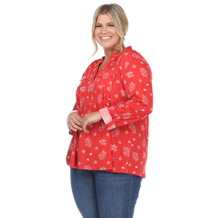 Women's Plus Size Pleated Long Sleeve Leaf Print Blouse