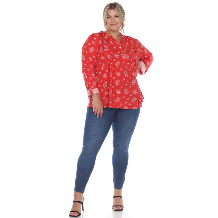 Women's Plus Size Pleated Long Sleeve Leaf Print Blouse