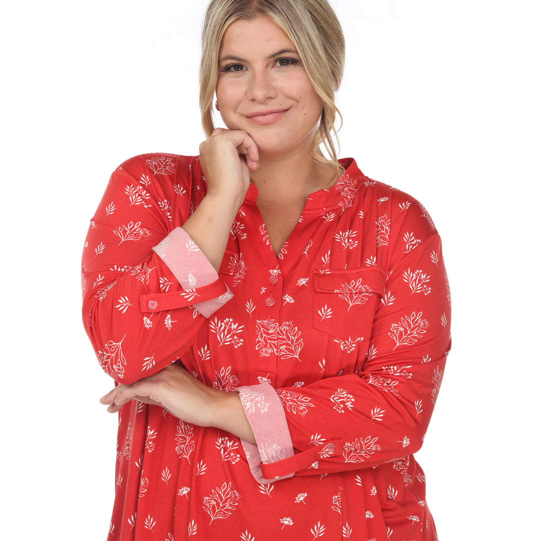 Women's Plus Size Pleated Long Sleeve Leaf Print Blouse