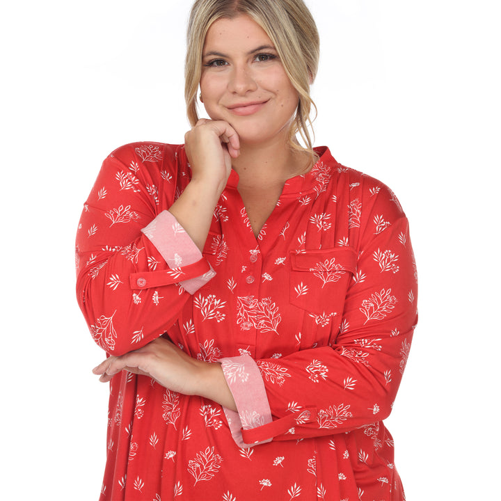 Women's Plus Size Pleated Long Sleeve Leaf Print Blouse