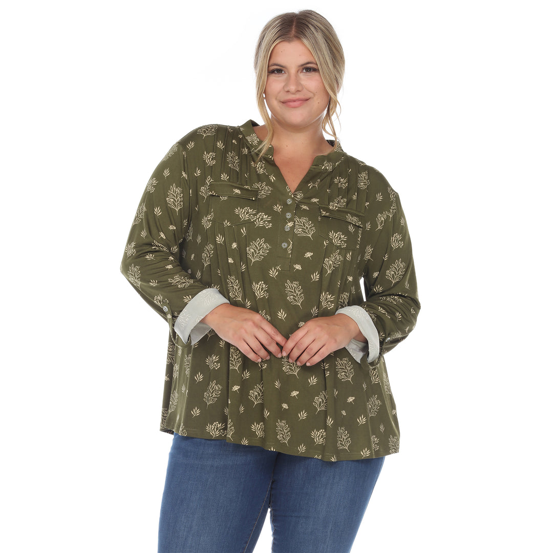 Women's Plus Size Pleated Long Sleeve Leaf Print Blouse