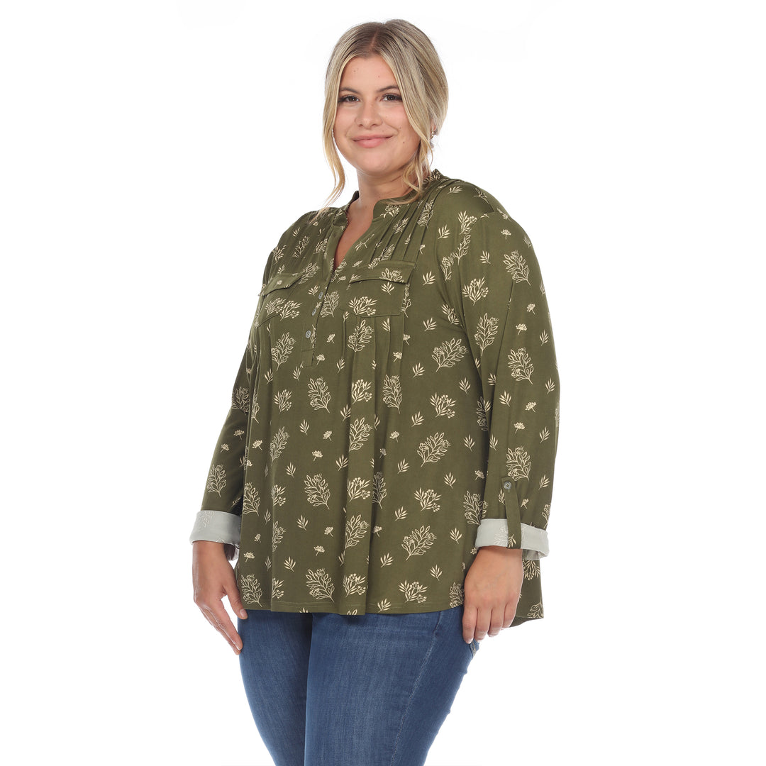 Women's Plus Size Pleated Long Sleeve Leaf Print Blouse