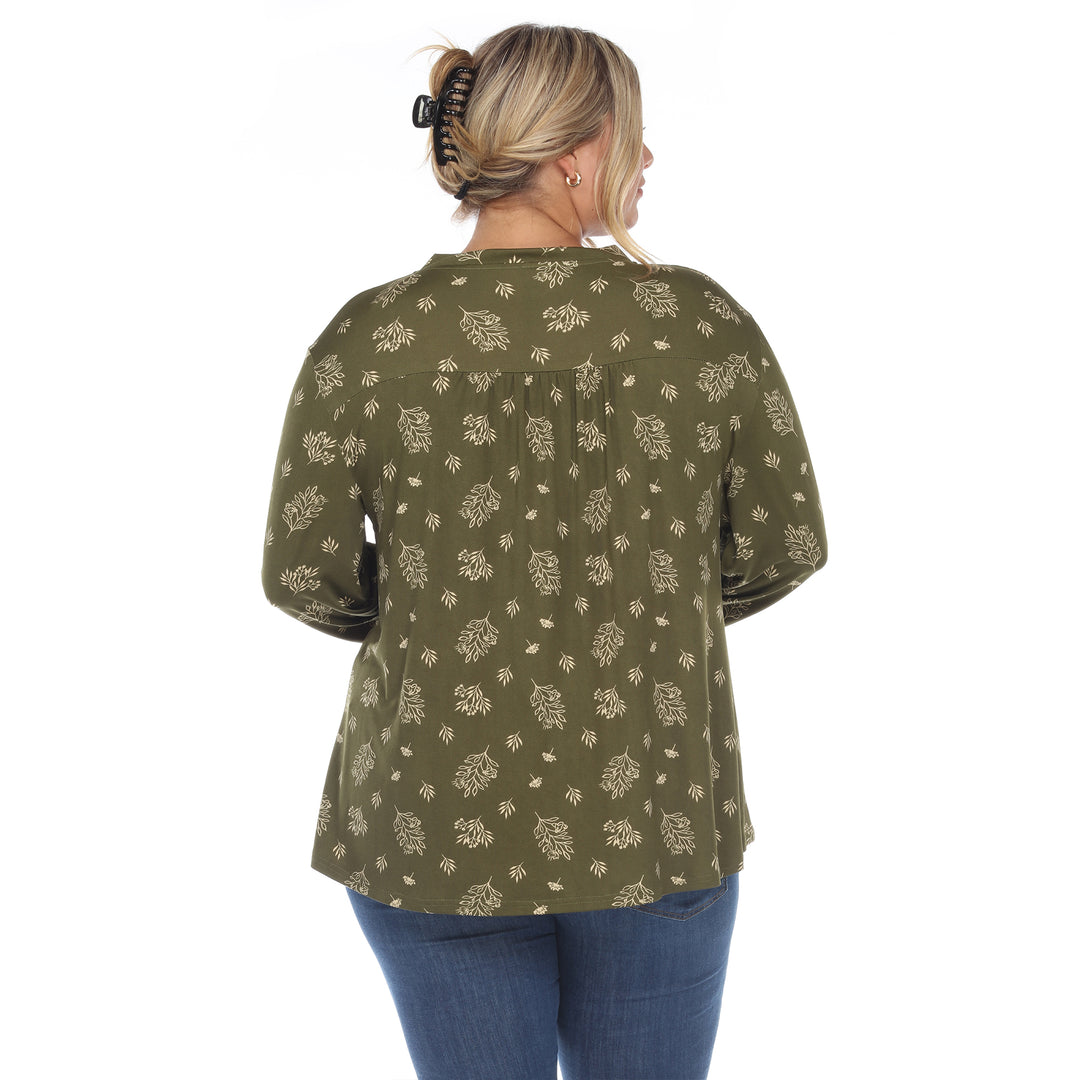 Women's Plus Size Pleated Long Sleeve Leaf Print Blouse