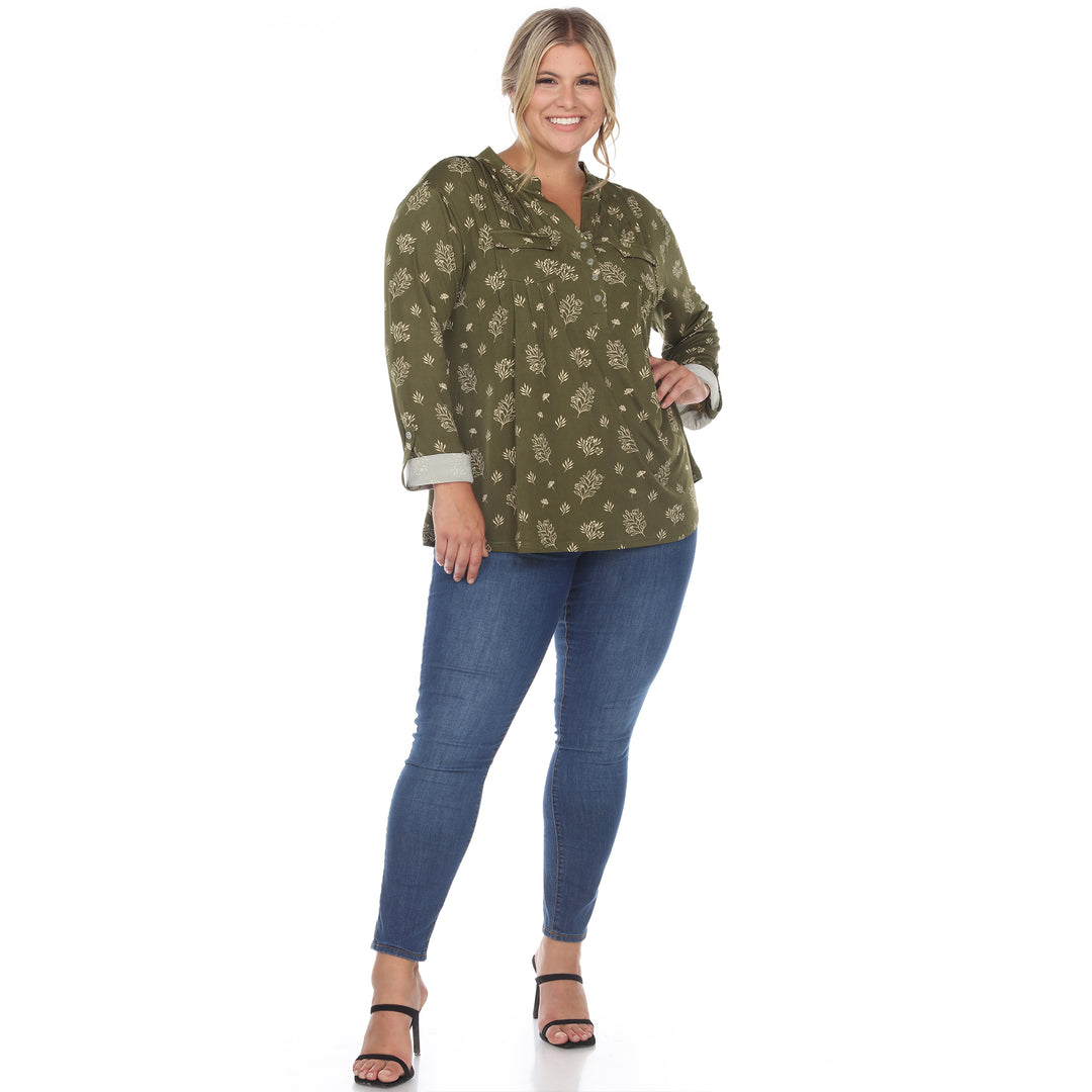Women's Plus Size Pleated Long Sleeve Leaf Print Blouse