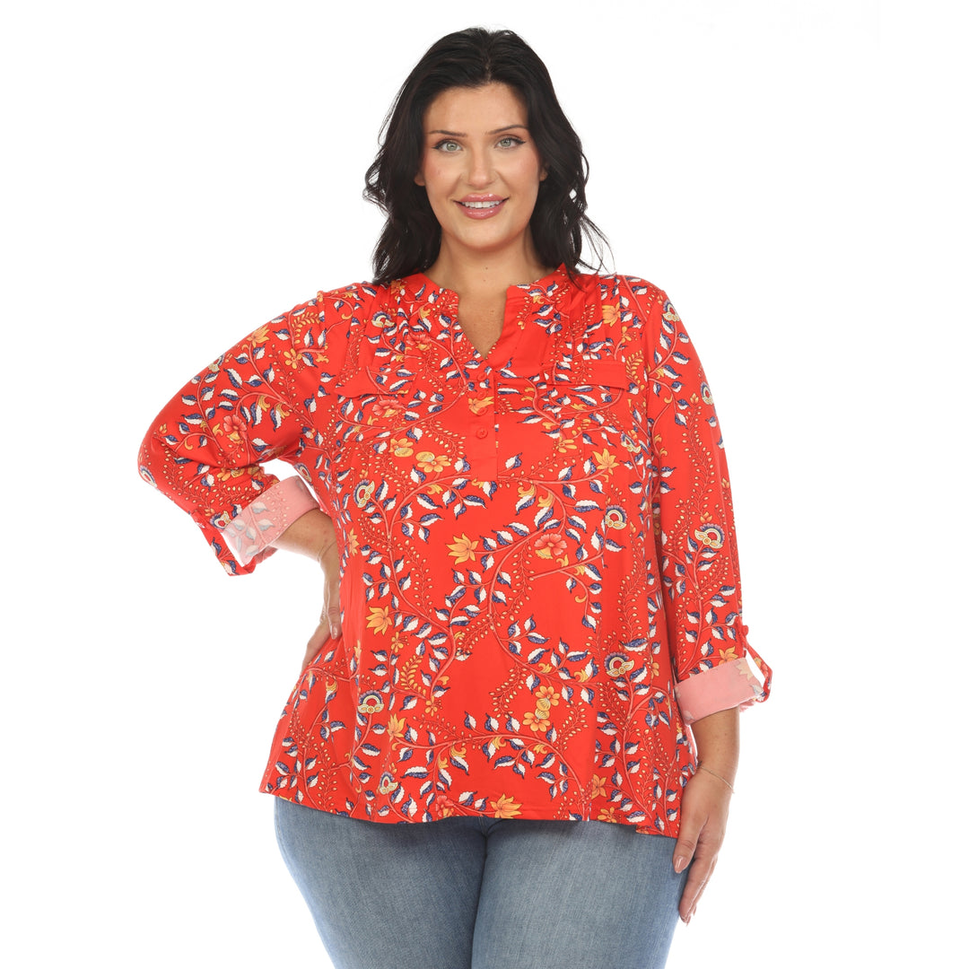 Women's Plus Size Paisley Button Front Tunic Top