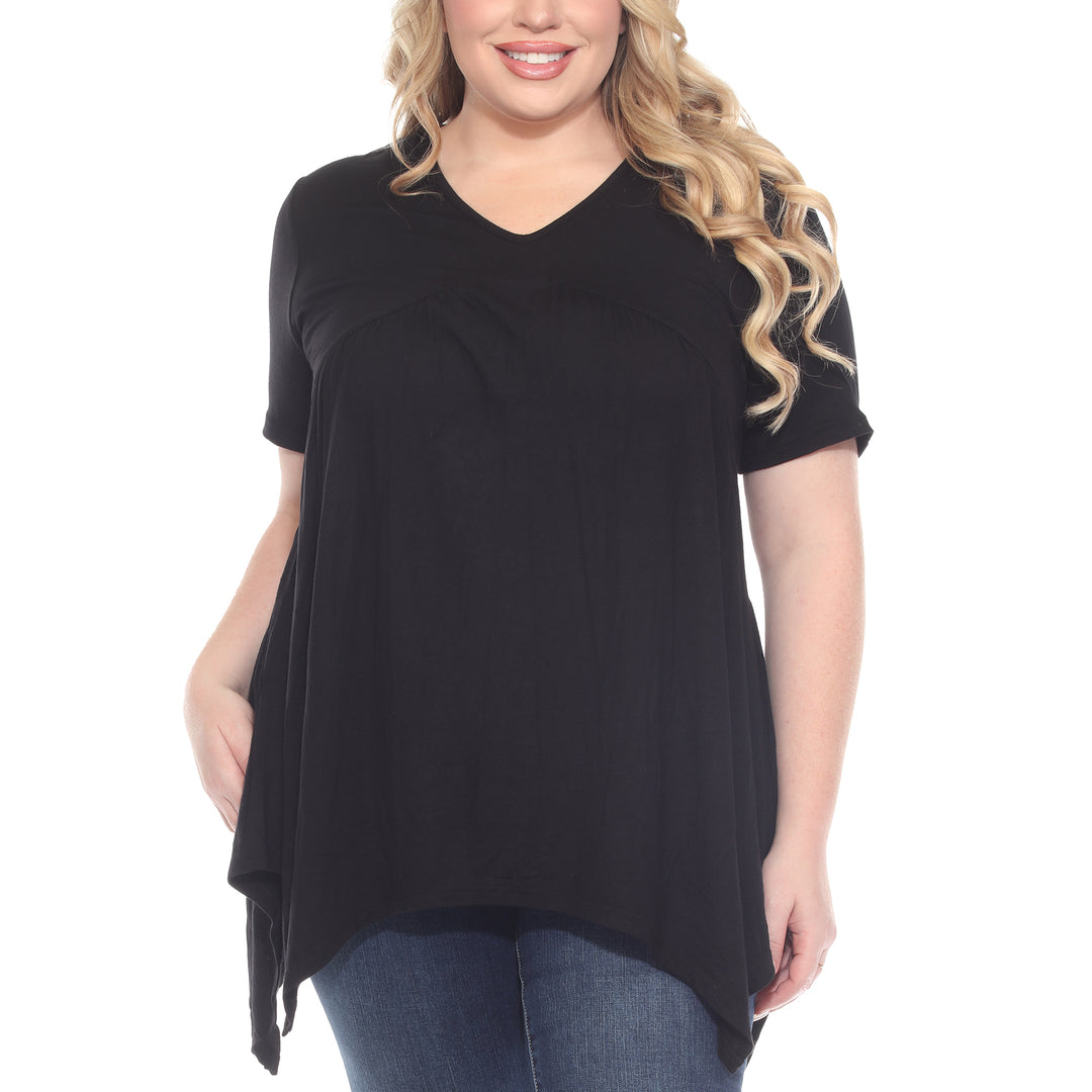 Plus Size Short Sleeve Shirred Front Knit Tunic Top with Pockets