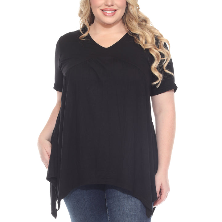 Plus Size Short Sleeve Shirred Front Knit Tunic Top with Pockets