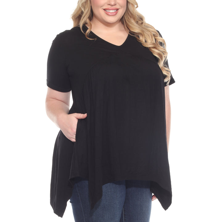 Plus Size Short Sleeve Shirred Front Knit Tunic Top with Pockets