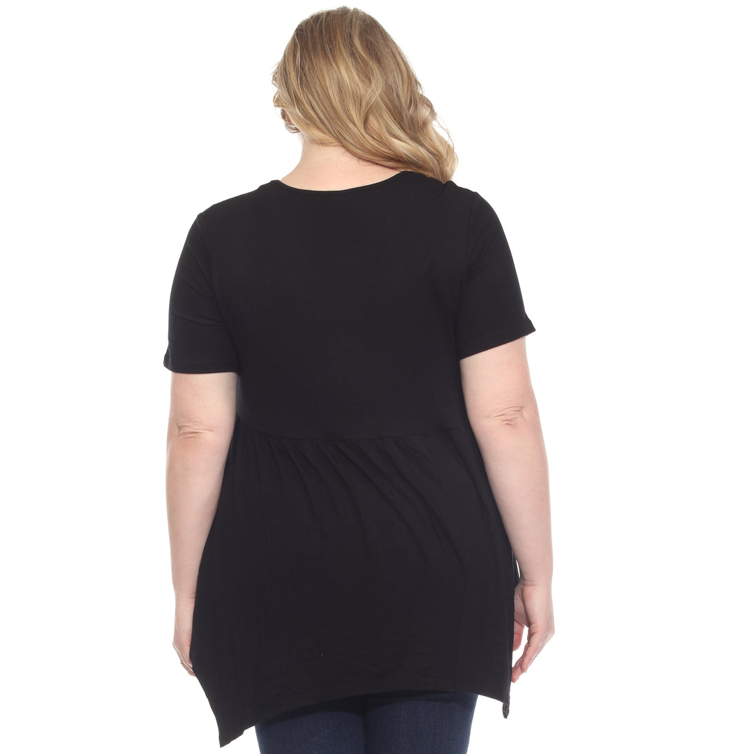 Plus Size Short Sleeve Shirred Front Knit Tunic Top with Pockets