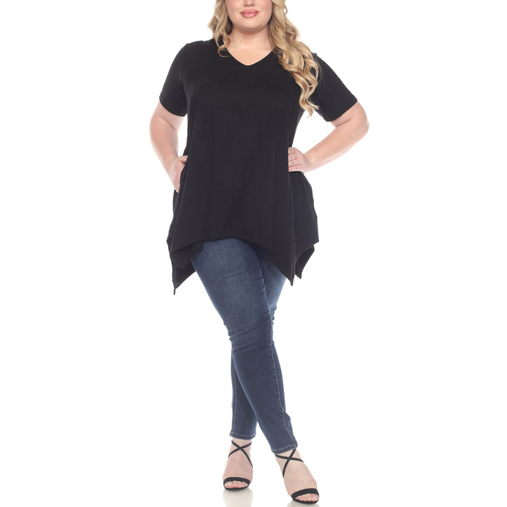 Plus Size Short Sleeve Shirred Front Knit Tunic Top with Pockets