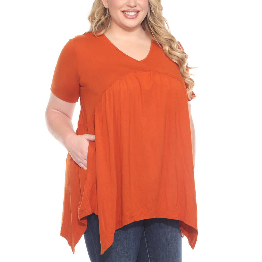 Plus Size Short Sleeve Shirred Front Knit Tunic Top with Pockets