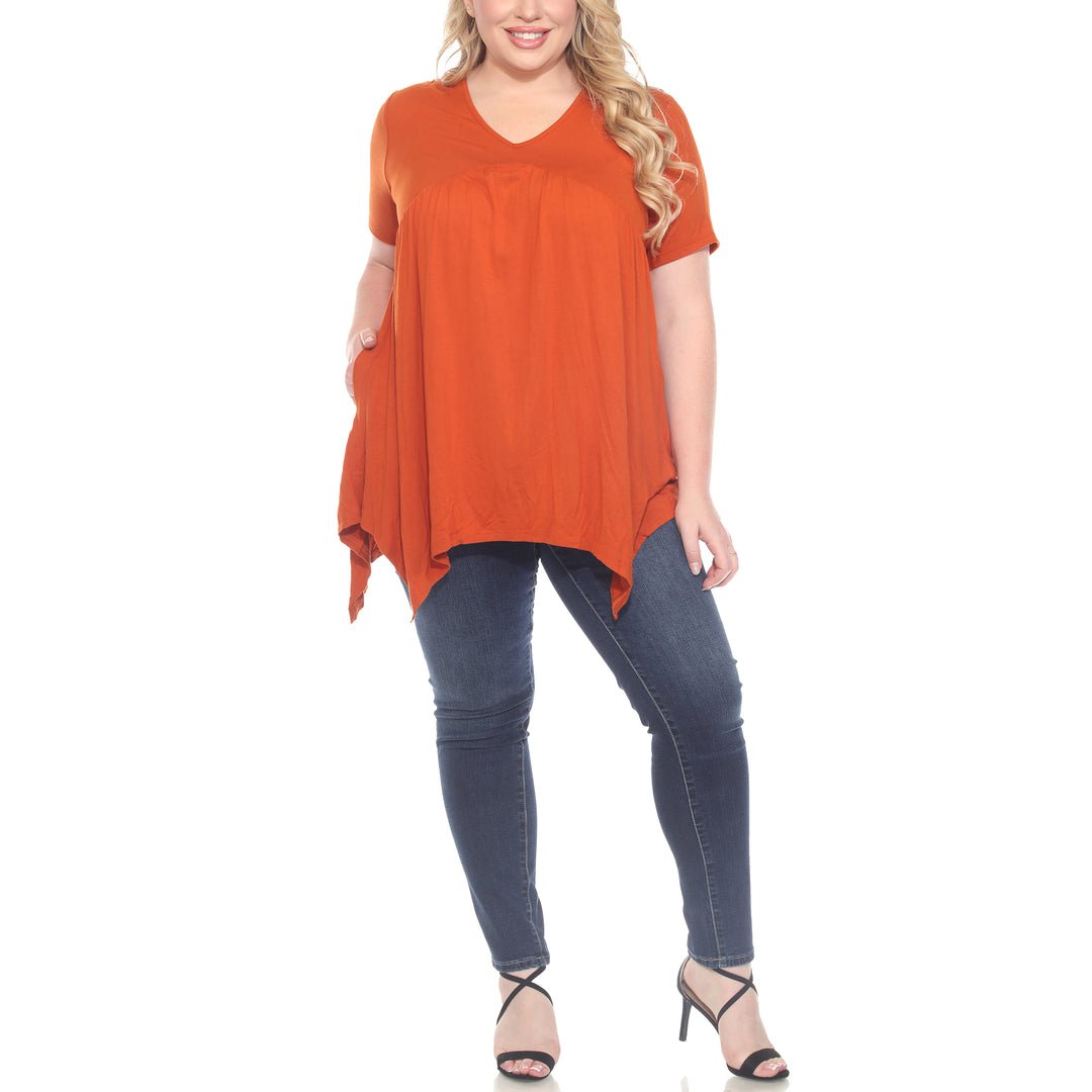 Plus Size Short Sleeve Shirred Front Knit Tunic Top with Pockets