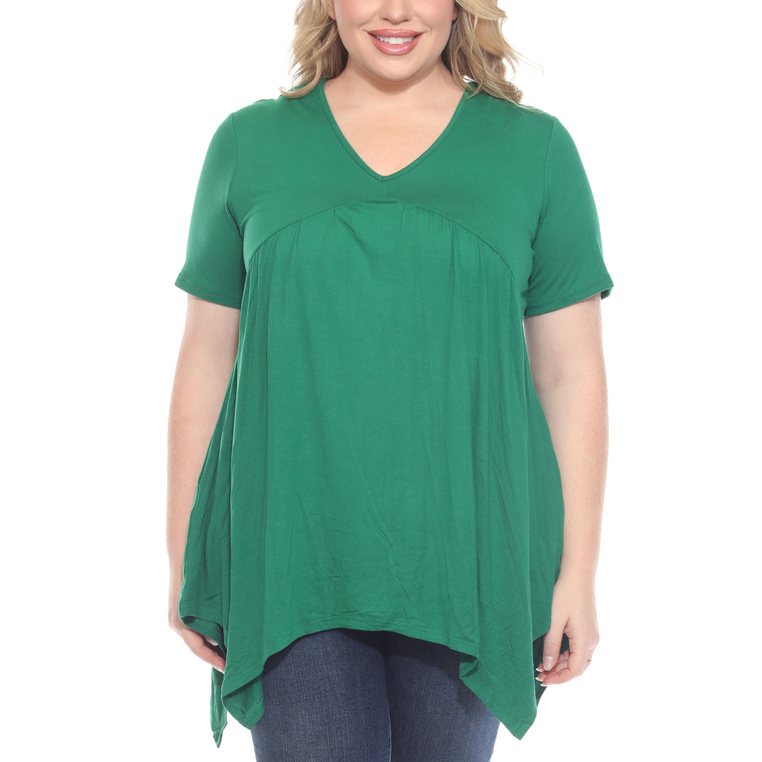 Plus Size Short Sleeve Shirred Front Knit Tunic Top with Pockets