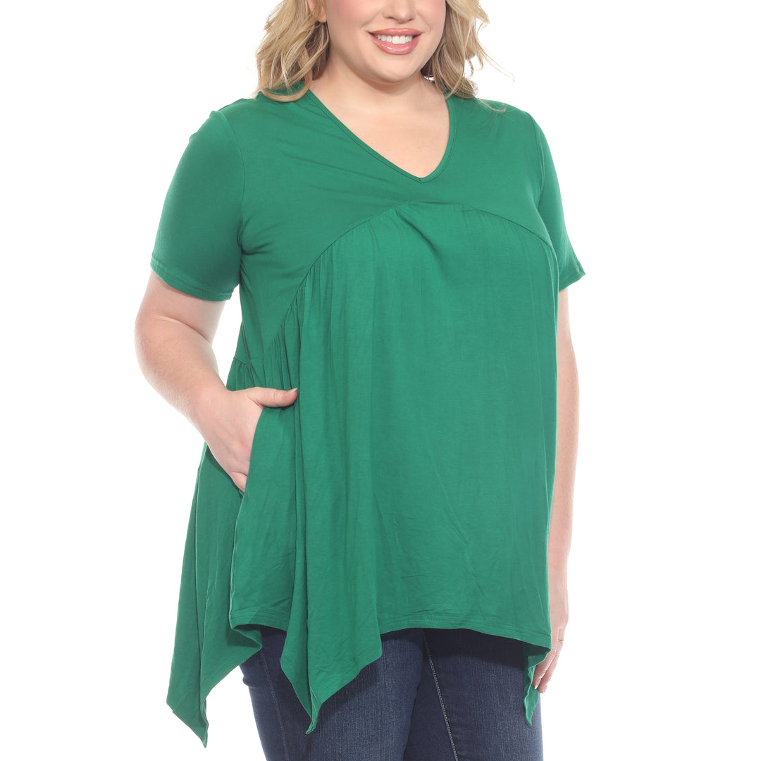 Plus Size Short Sleeve Shirred Front Knit Tunic Top with Pockets