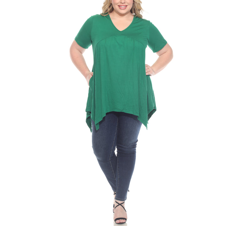 Plus Size Short Sleeve Shirred Front Knit Tunic Top with Pockets