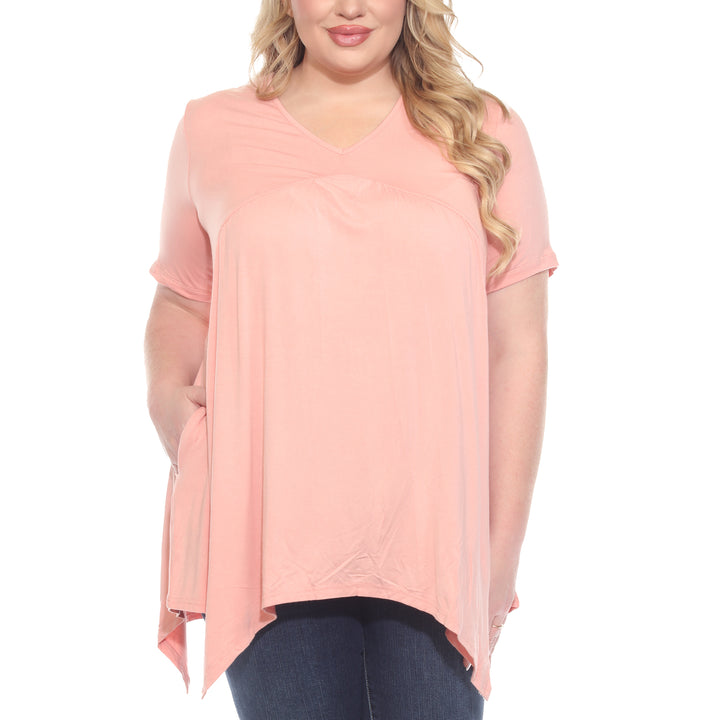 Plus Size Short Sleeve Shirred Front Knit Tunic Top with Pockets