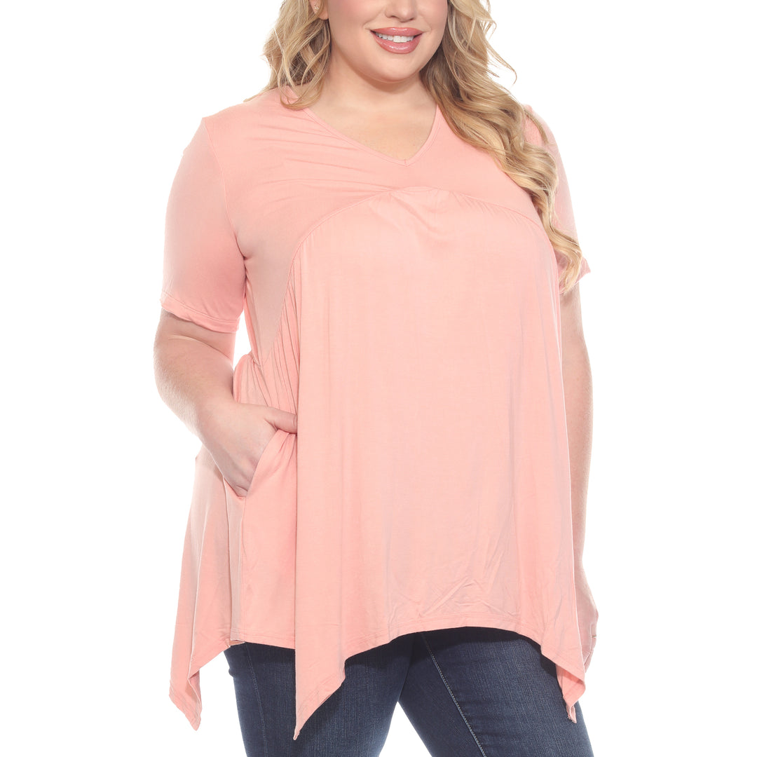 Plus Size Short Sleeve Shirred Front Knit Tunic Top with Pockets