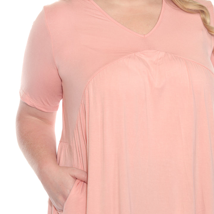 Plus Size Short Sleeve Shirred Front Knit Tunic Top with Pockets