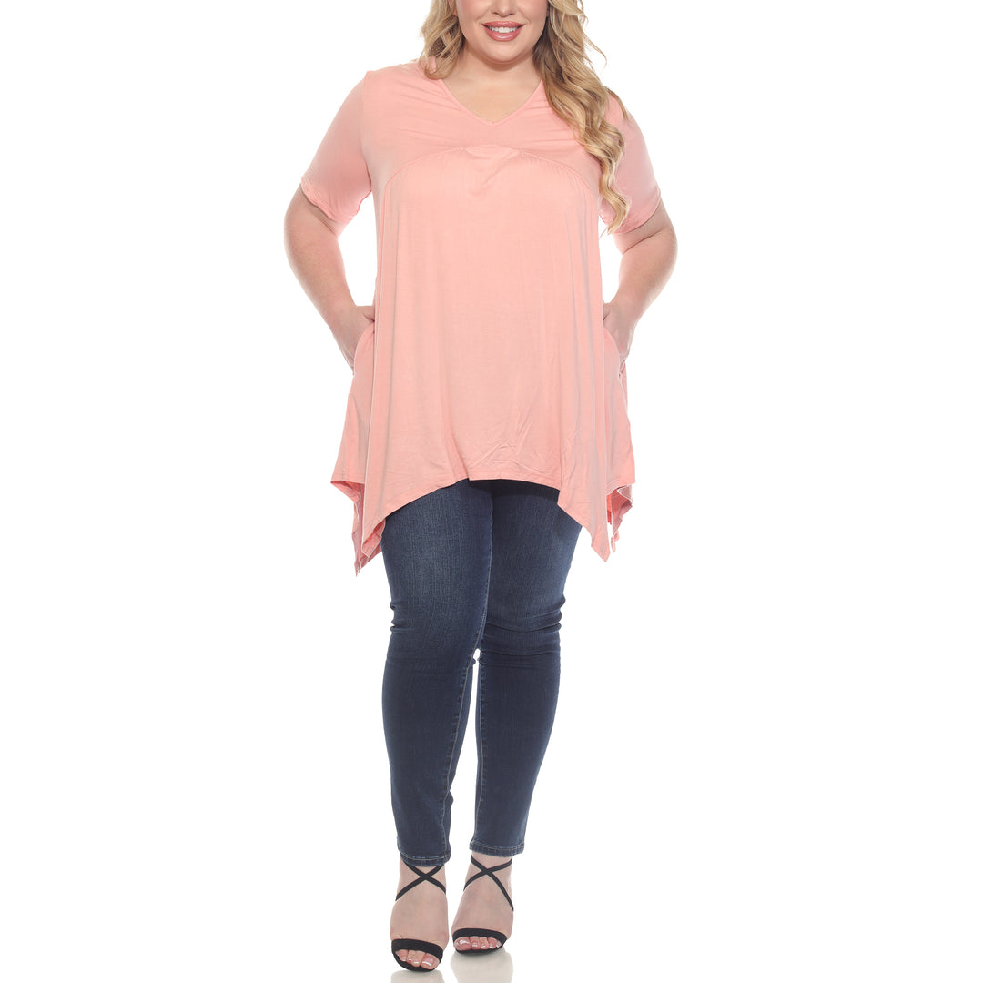Plus Size Short Sleeve Shirred Front Knit Tunic Top with Pockets