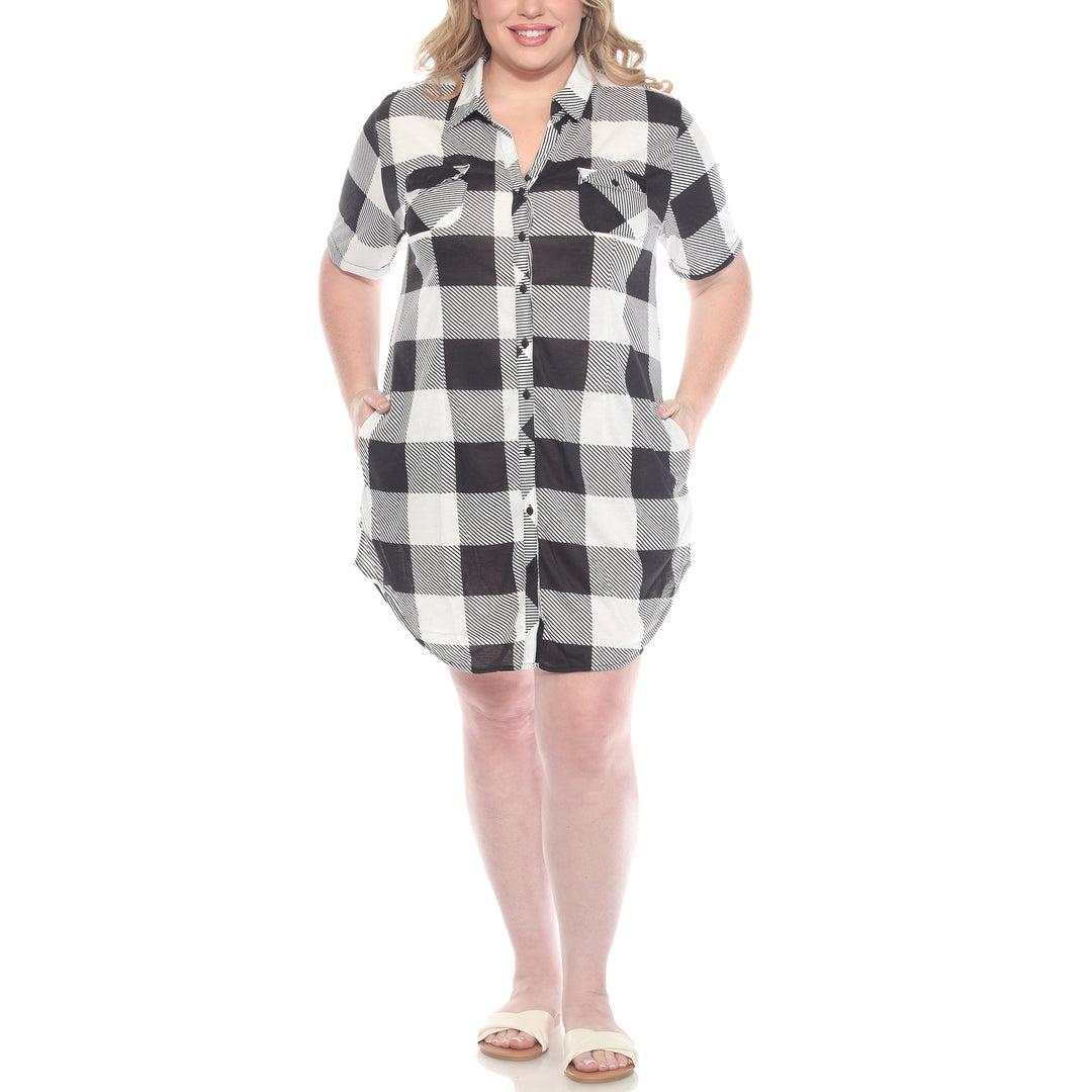 Plus Size Short Sleeve Plaid Button-Down Shirt Dress