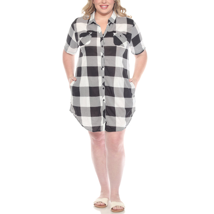 Plus Size Short Sleeve Plaid Button-Down Shirt Dress
