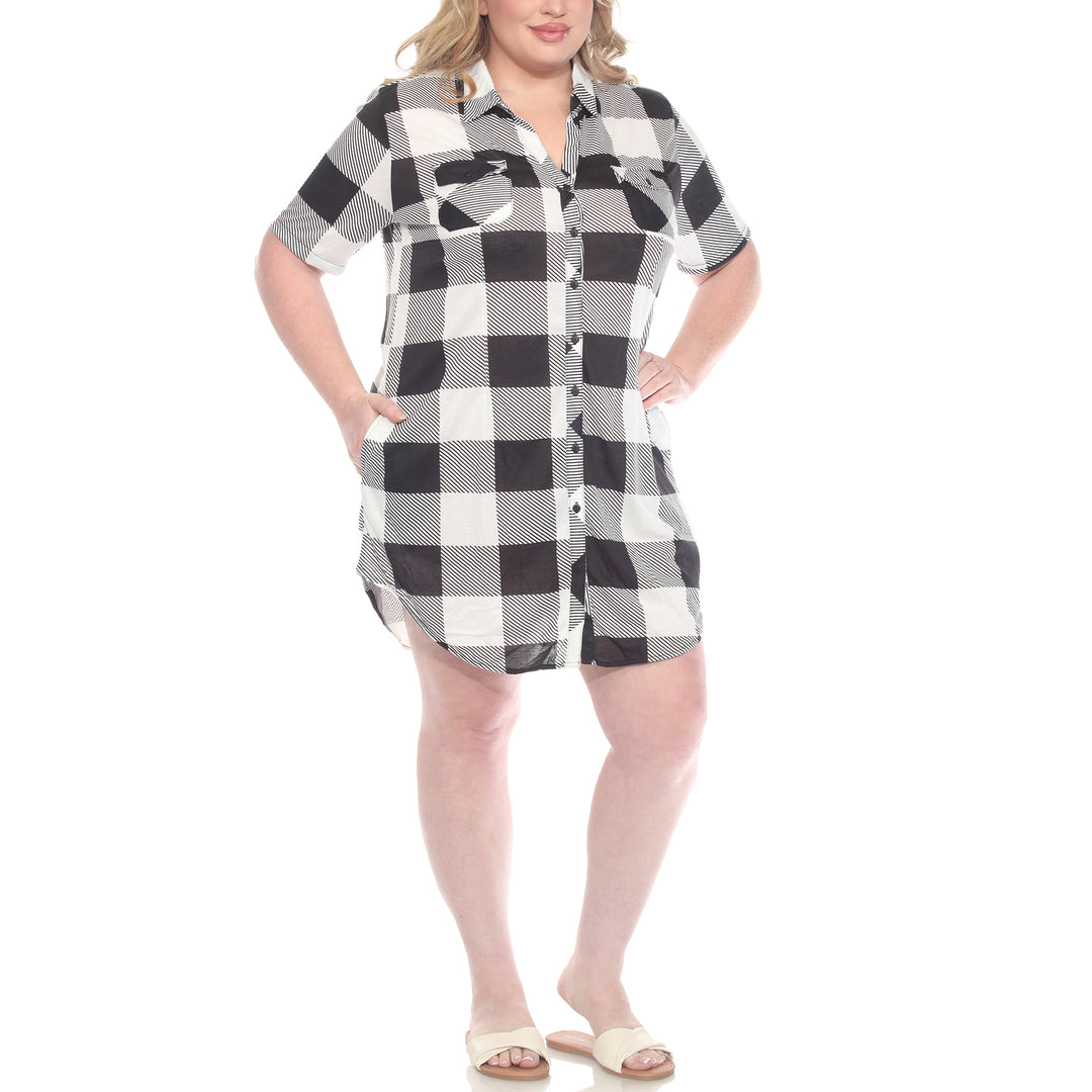 Plus Size Short Sleeve Plaid Button-Down Shirt Dress